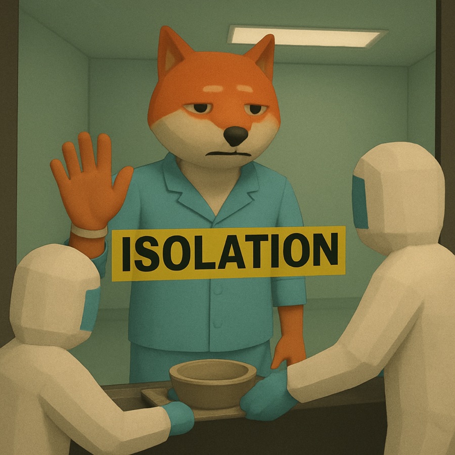 An orange shiba inu in pale teal scrubs behind the glass of a hospital isolation box, one paw raised, an ISOLATION sticker across the glass, two suited staff passing a bowl through the slot